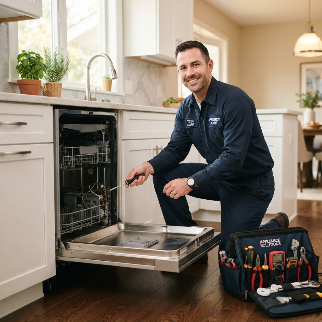 Mark Goodchild, appliance repair technician, servicing a dishwasher